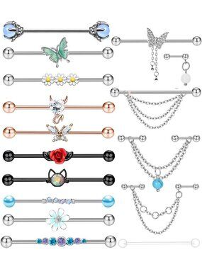 14G Stainless Steel Industrial Piercing Earrings with Chain Dangle for Men